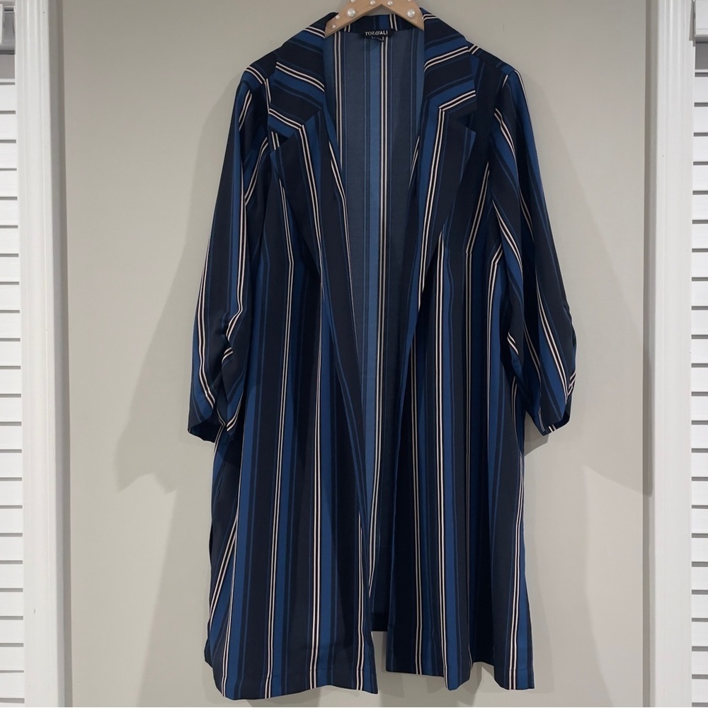 Dress Barn (Roz & Ali) Striped Longline Open Front Blazer Jacket -Blue/White, 3X